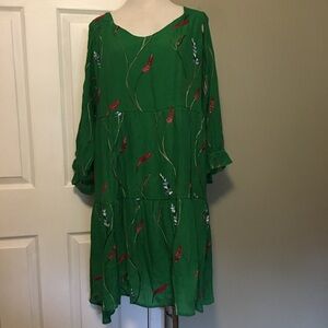 Kindred Anthropology Emerald Green Embroidered Floral Midi Dress Sz 3 X